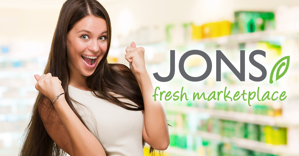 Jons Fresh Marketplace logo with Grocery background
