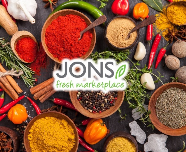 Jons Fresh Marketplace logo with ingredients background mobile cropped version